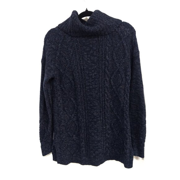 Land's End Cozy-Lofty Cable Turtleneck Sweater Navy Wool Blend Womens Size Small - Picture 3 of 7